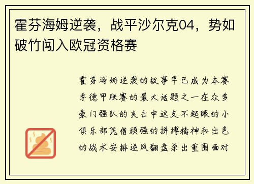 霍芬海姆逆袭，战平沙尔克04，势如破竹闯入欧冠资格赛