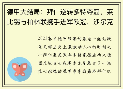 德甲大结局：拜仁逆转多特夺冠，莱比锡与柏林联携手进军欧冠，沙尔克遗憾降级