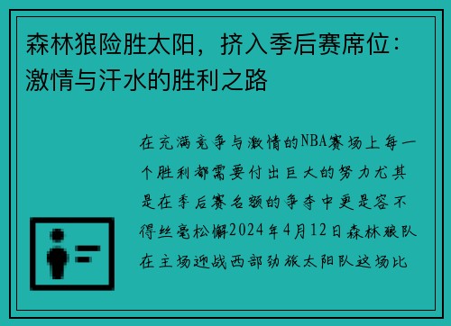森林狼险胜太阳，挤入季后赛席位：激情与汗水的胜利之路
