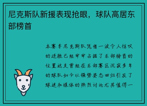 尼克斯队新援表现抢眼，球队高居东部榜首