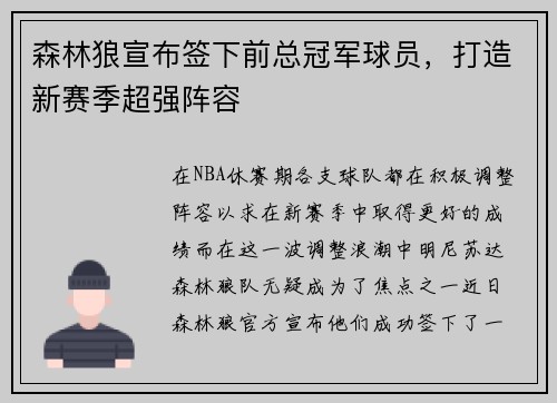森林狼宣布签下前总冠军球员，打造新赛季超强阵容