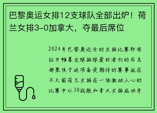 巴黎奥运女排12支球队全部出炉！荷兰女排3-0加拿大，夺最后席位