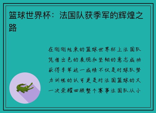 篮球世界杯：法国队获季军的辉煌之路