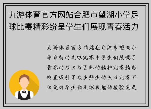 九游体育官方网站合肥市望湖小学足球比赛精彩纷呈学生们展现青春活力与团队精神