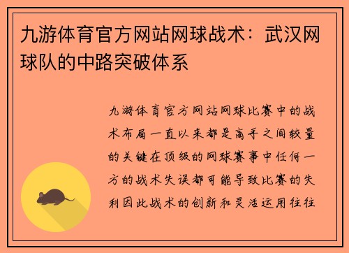 九游体育官方网站网球战术：武汉网球队的中路突破体系